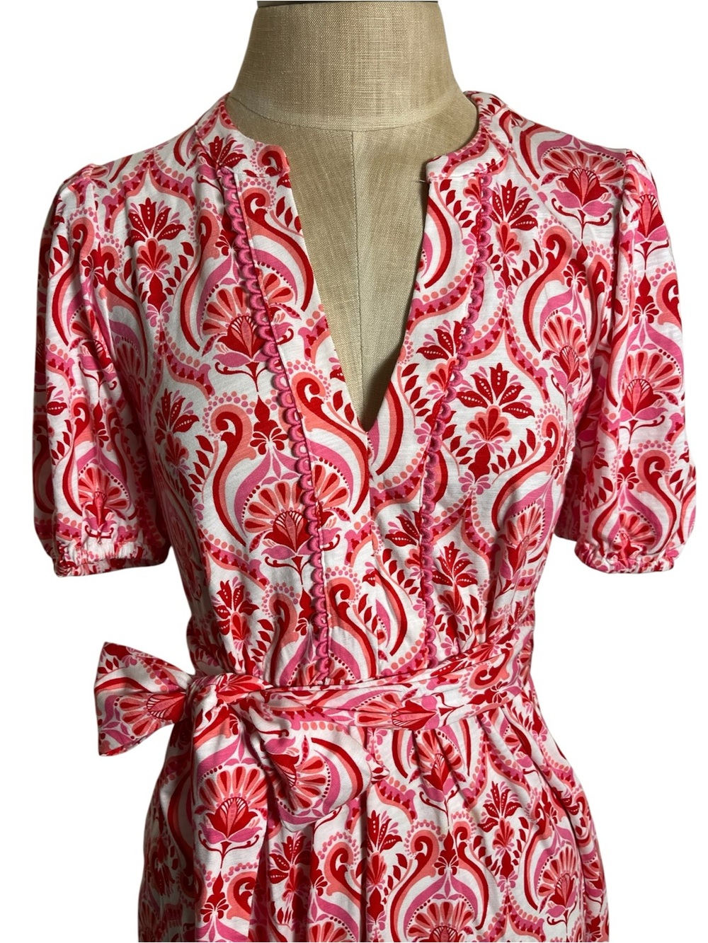 Boden Sofia Trim Jersey Midi Dress Pink Red Floral Botanical 6 Petite NWOT - Picture 10 of 14
